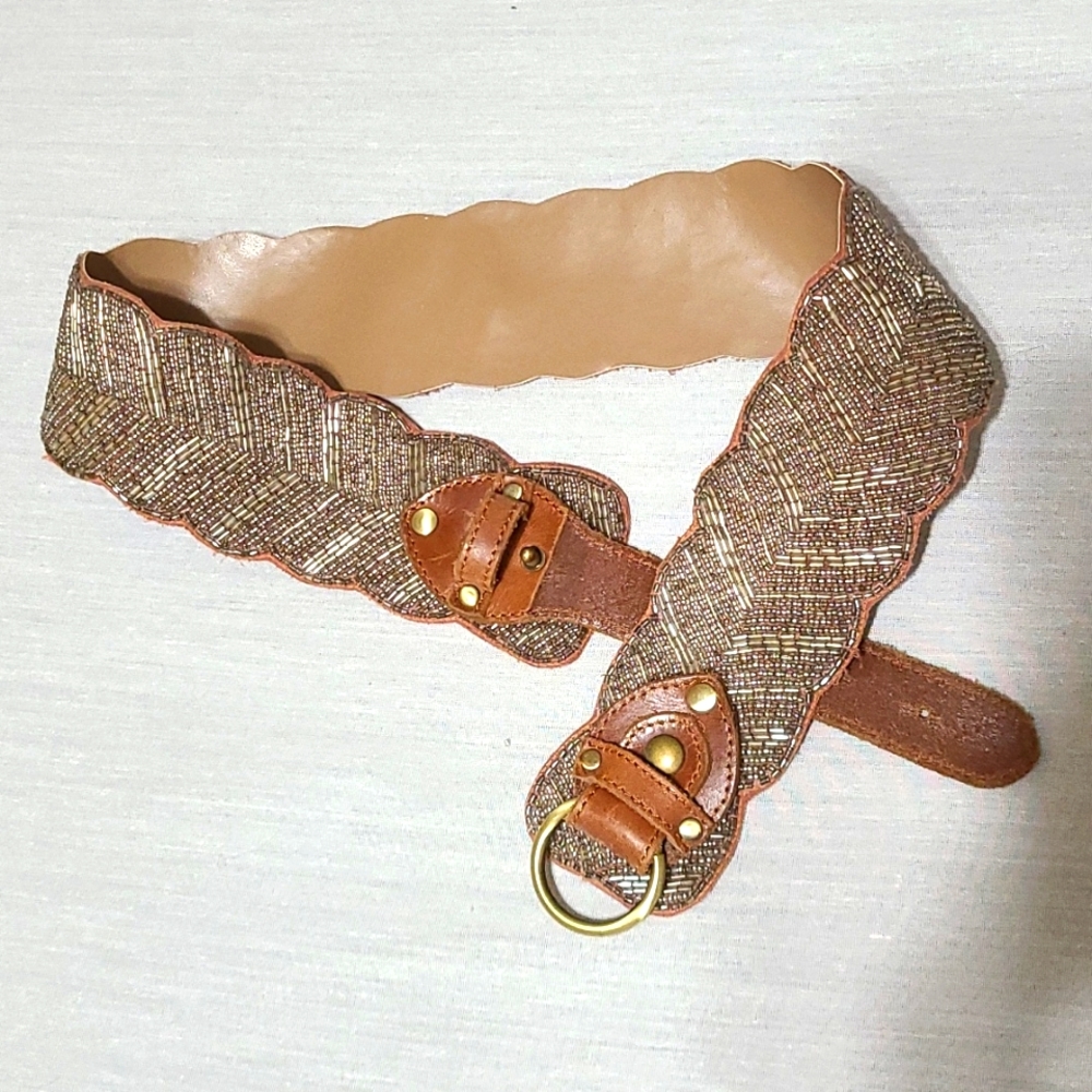 Anthropologie  motif56 Scalloped Gleam Belt with Glass Beads on Leather